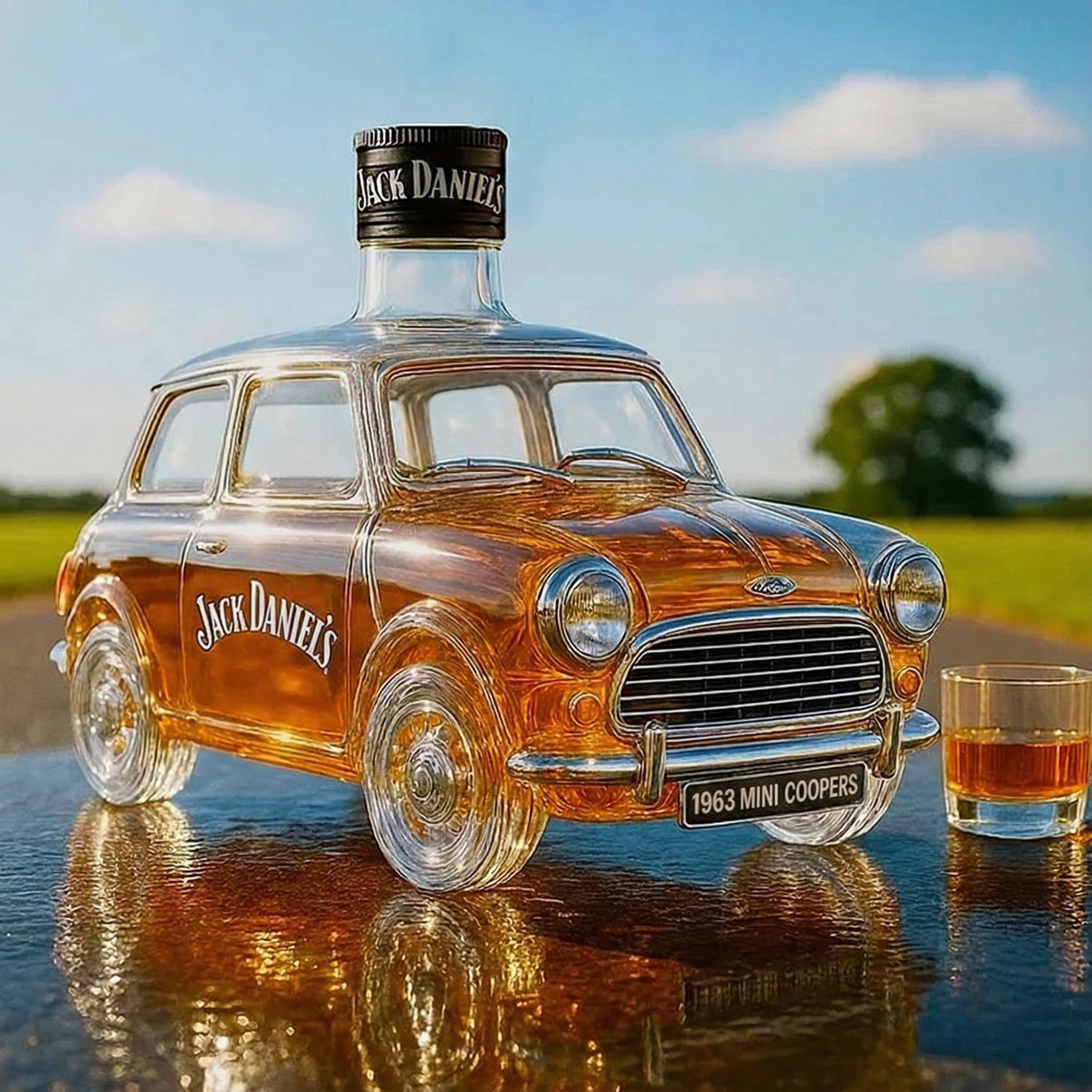 Retro whiskey bottle in the shape of a Cooper car